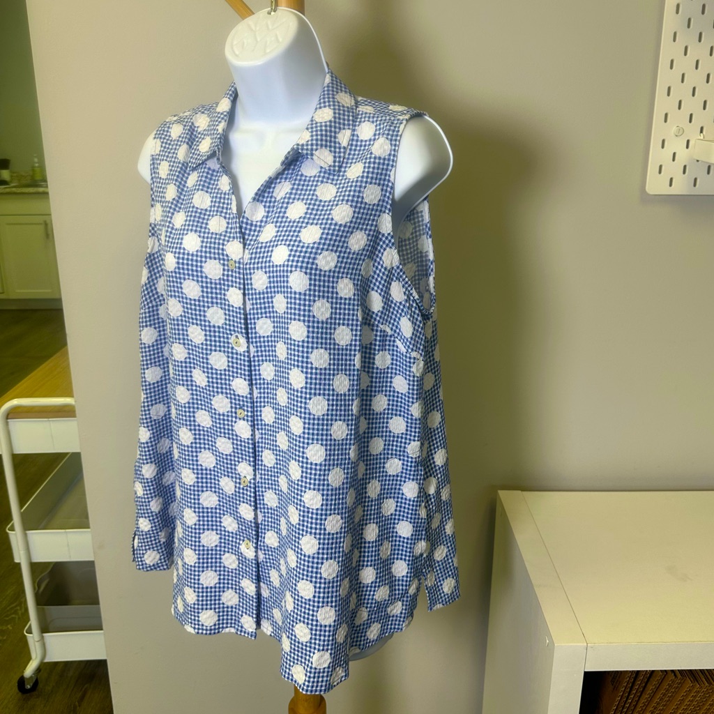 Susan Graver Woven Blue And White Polka Dot Sleeveless Button-Front Shirt Size L